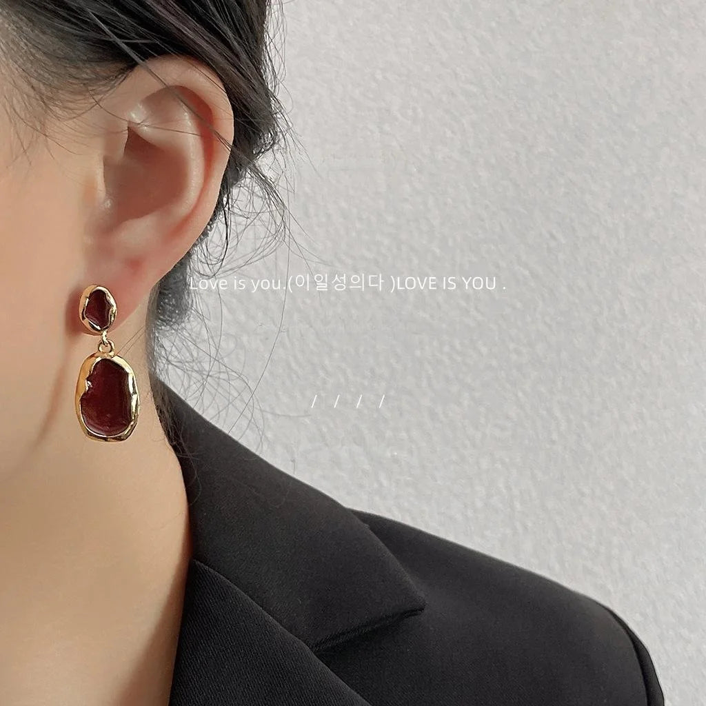 Luxury Hong Kong Retro Copper 14K Plated Burgundy Enamel Irregular Oval Drop Earrings
