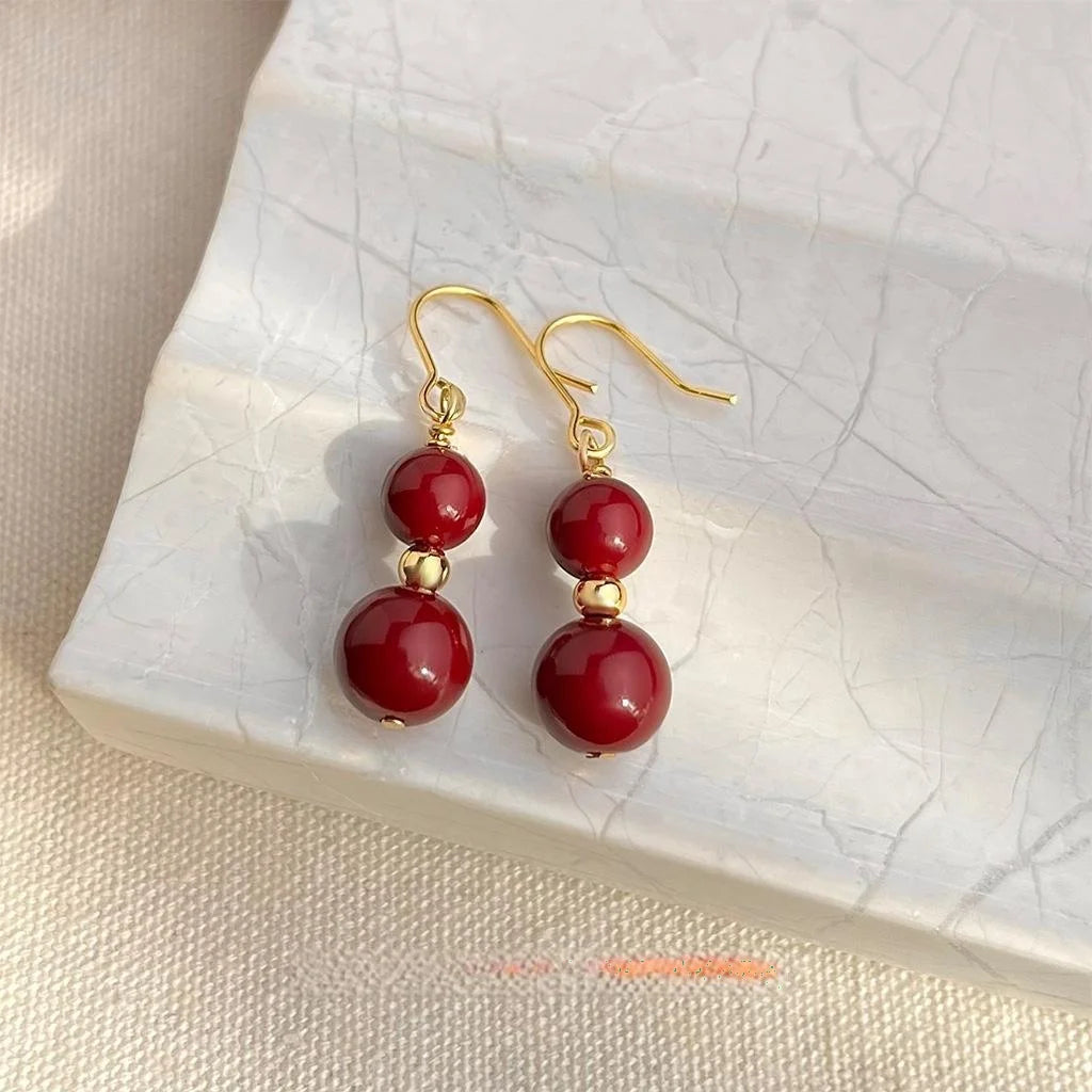 French Vintage Red Glass Tassel Drop Earrings Handmade Palace Geometric Jewelry for Women
