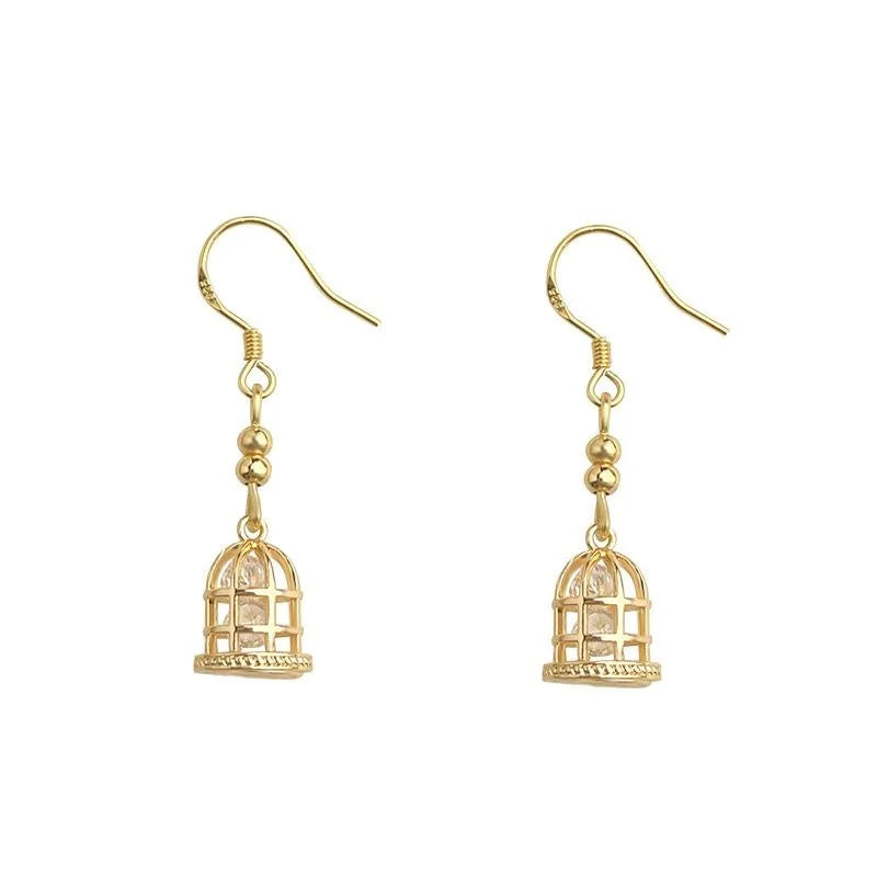 14K Gold Plated Copper Birdcage Drop Earrings, French Vintage Designer Style