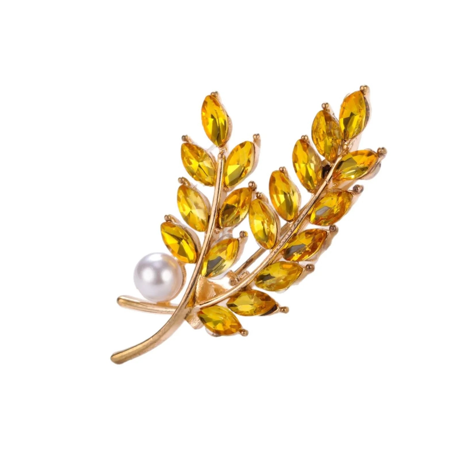 Elegant Gold Tone Alloy Wheat Brooch With Marquise Glass Leaves And Pearl Lapel Pin Suit Accessory