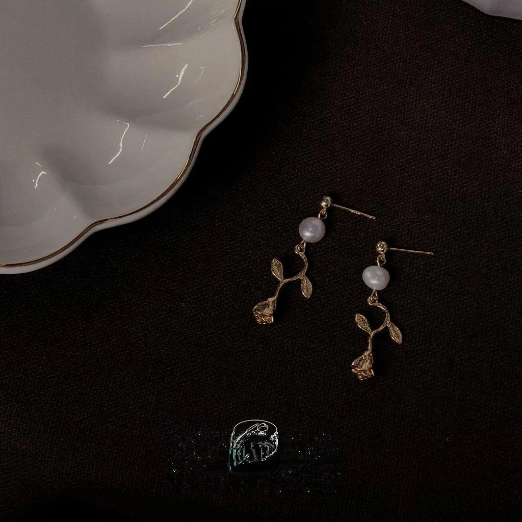 Handmade Freshwater Pearl Rose Stud Earrings, Minimalist Floral Geometric Jewelry