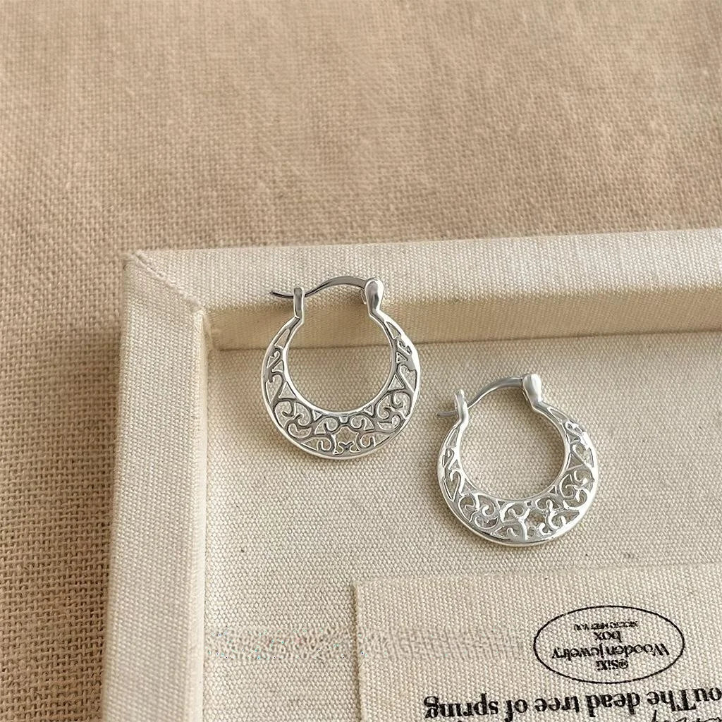 Silver Tone Copper Hollow Geometric Round U Shaped Stud Earrings New Chinese Ethnic Style
