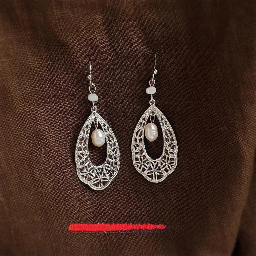 Natural Freshwater Pearl Teardrop Hollow Geometric Ethnic Handmade Drop Earrings