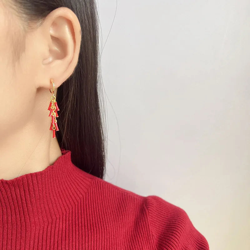 Vintage Red Firecracker Tassel Alloy Enamel Stud & Clip On No Piercing Chinese New Year Earrings