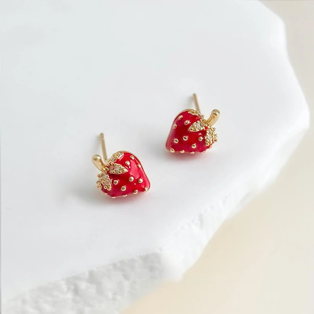 Sweet Pastoral Strawberry Stud Earrings Copper Enamel Zircon Fruit Jewelry