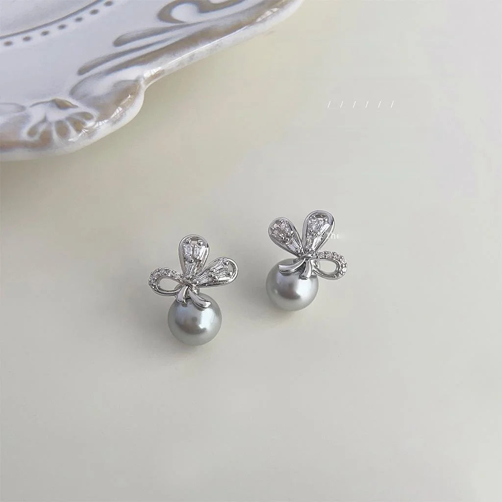 Luxury Bow Butterfly Stud Earrings With Micro Pave Zircon And Gray Glass Pearl Copper