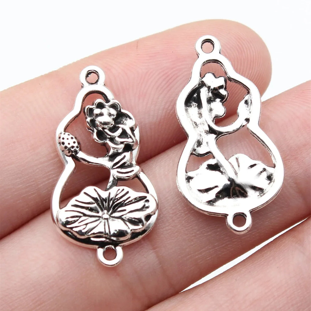 26x14mm 1.34g Antique Silver Zinc Alloy Lotus Leaf Gourd Connector Charm for Chinese Style Jewelry