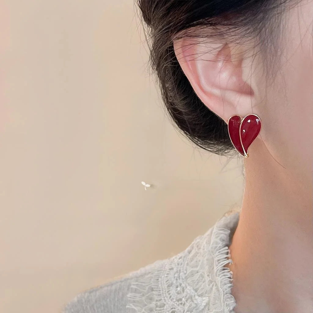 14K Plated Copper Burgundy Red Enamel Heart Stud Earrings, Hong Kong Style