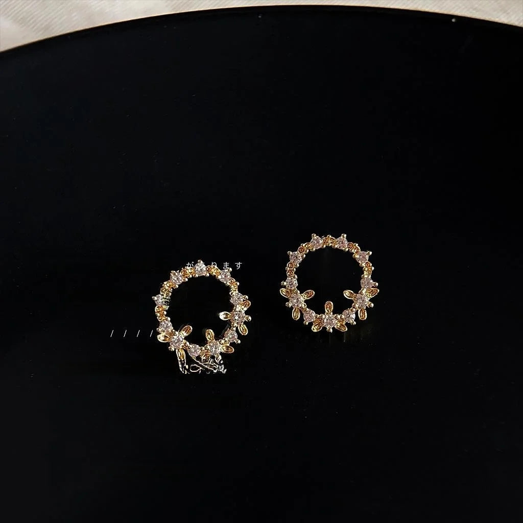 14K Plated Copper Floral Wreath Zircon Stud Earrings Korean Sweet Minimalist Jewelry