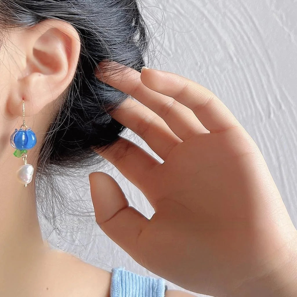 Handmade Forest Style Glass Crystal Freshwater Pearl Lotus Pod Floral Drop Earrings