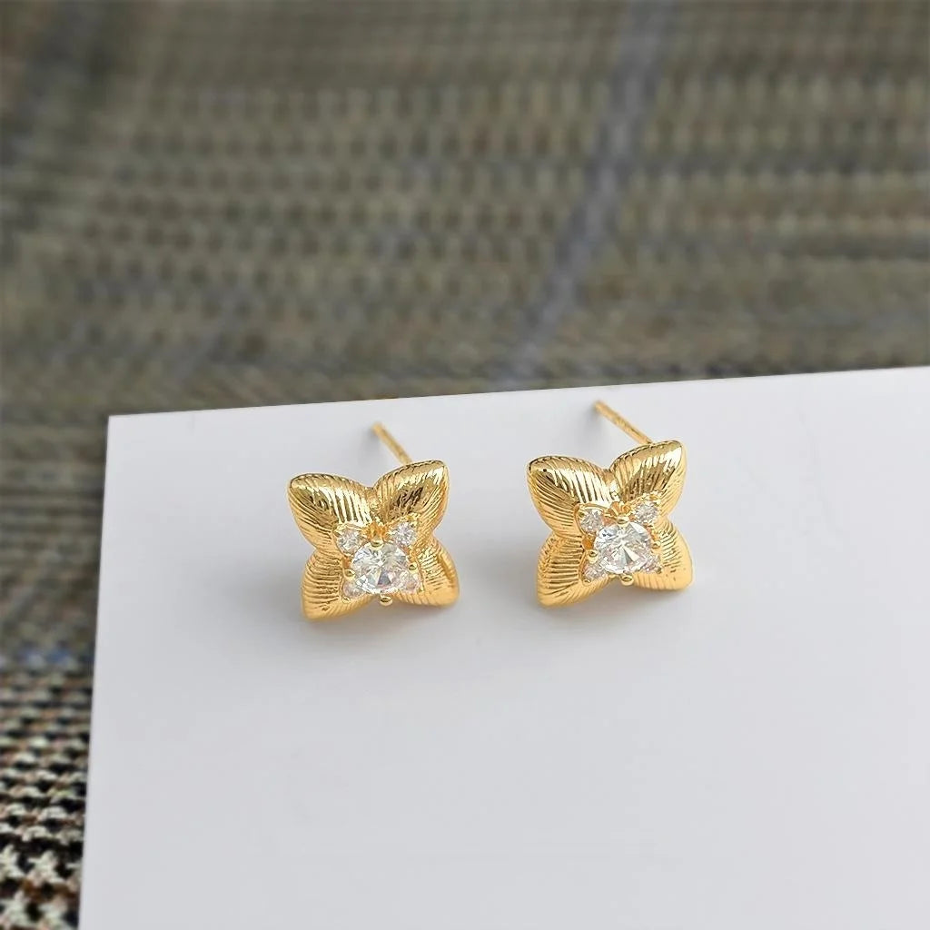 Old Money Style 14K Plated Copper Micro Pave Zircon Star Flower Stud Earrings