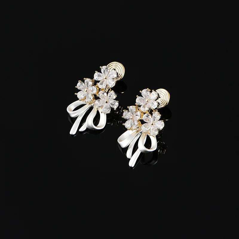 Elegant Sweet Zircon Flower Bowknot Stud & Clip On No Piercing Alloy Bridal Party Earrings