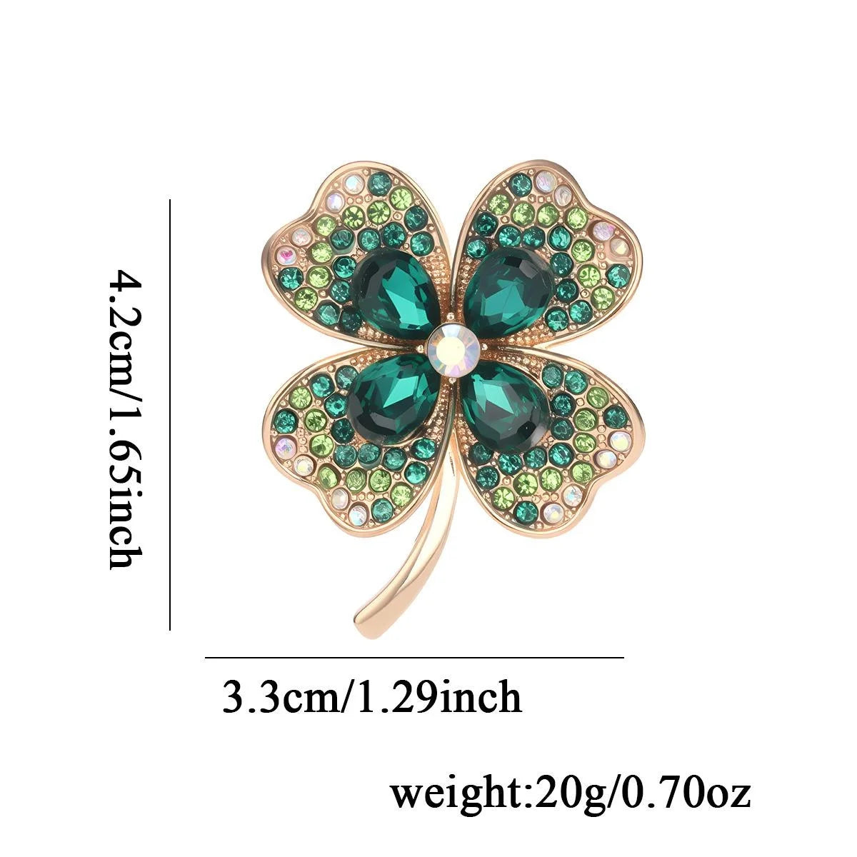 Luxury Green Rhinestone Four Leaf Clover Brooch, Gold Tone Alloy Lucky Lapel Pin Corsage Suit Accessory Gift