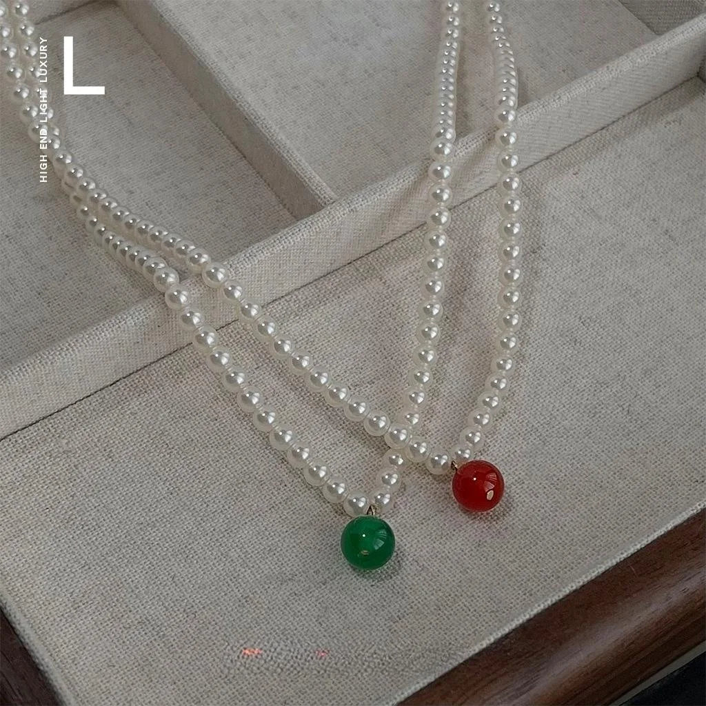 Light Luxury Red And Green Agate Glass Pearl Geometric Choker Necklace