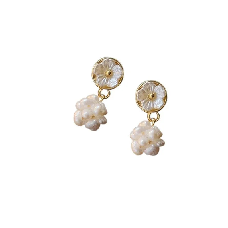 14K Plated Freshwater Pearl Floral Stud Earrings Handmade Sweet Design For Women