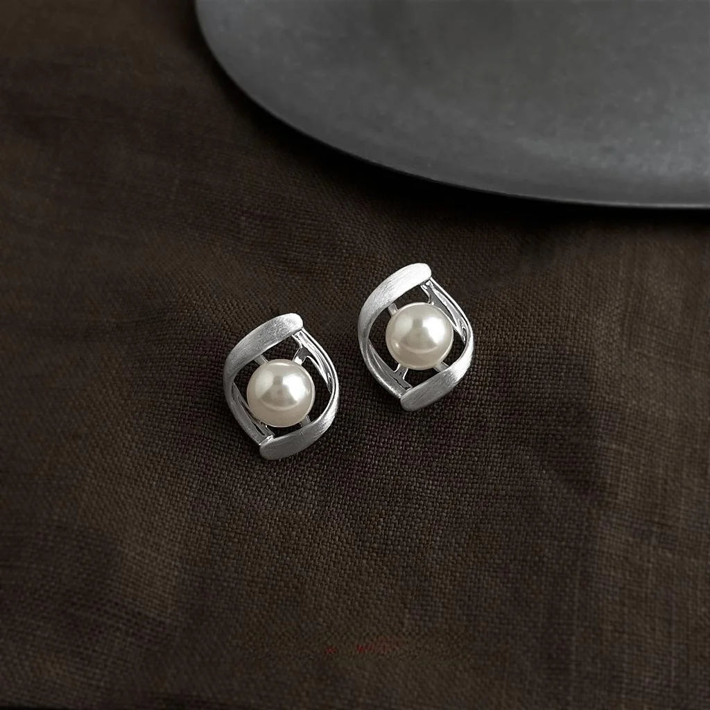 Brushed Silver Plated Copper Teardrop Pearl Stud Earrings Minimalist Geometric Twisted Hoop Design