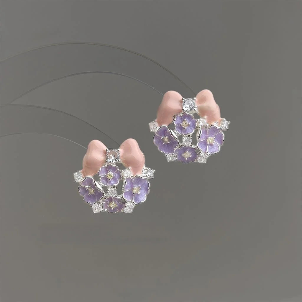 Fresh Sweet Enamel Hand Painted Bow Flower Copper Zircon Stud Earrings