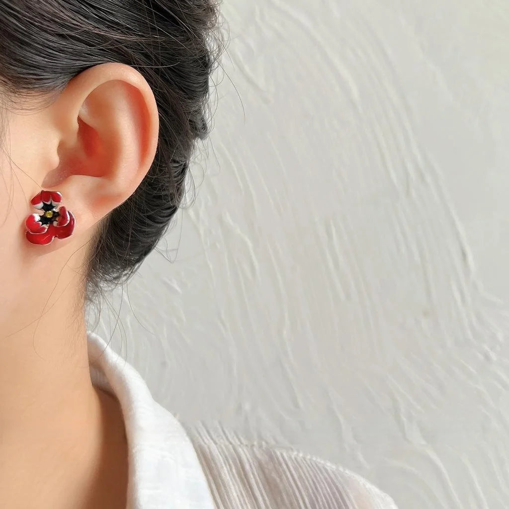 Copper Enamel Glazed Flower Stud Earrings With Silver Plated Pins Korean Japanese Vintage Style