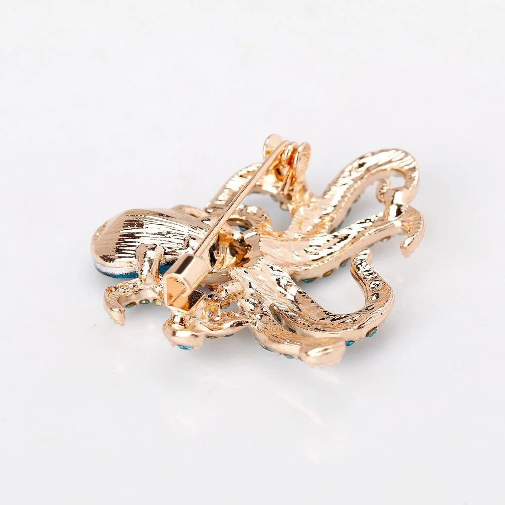Luxury Emerald Rhinestone Octopus Brooch, Gold Tone Alloy Ocean Animal Lapel Pin Corsage Suit Accessory Gift