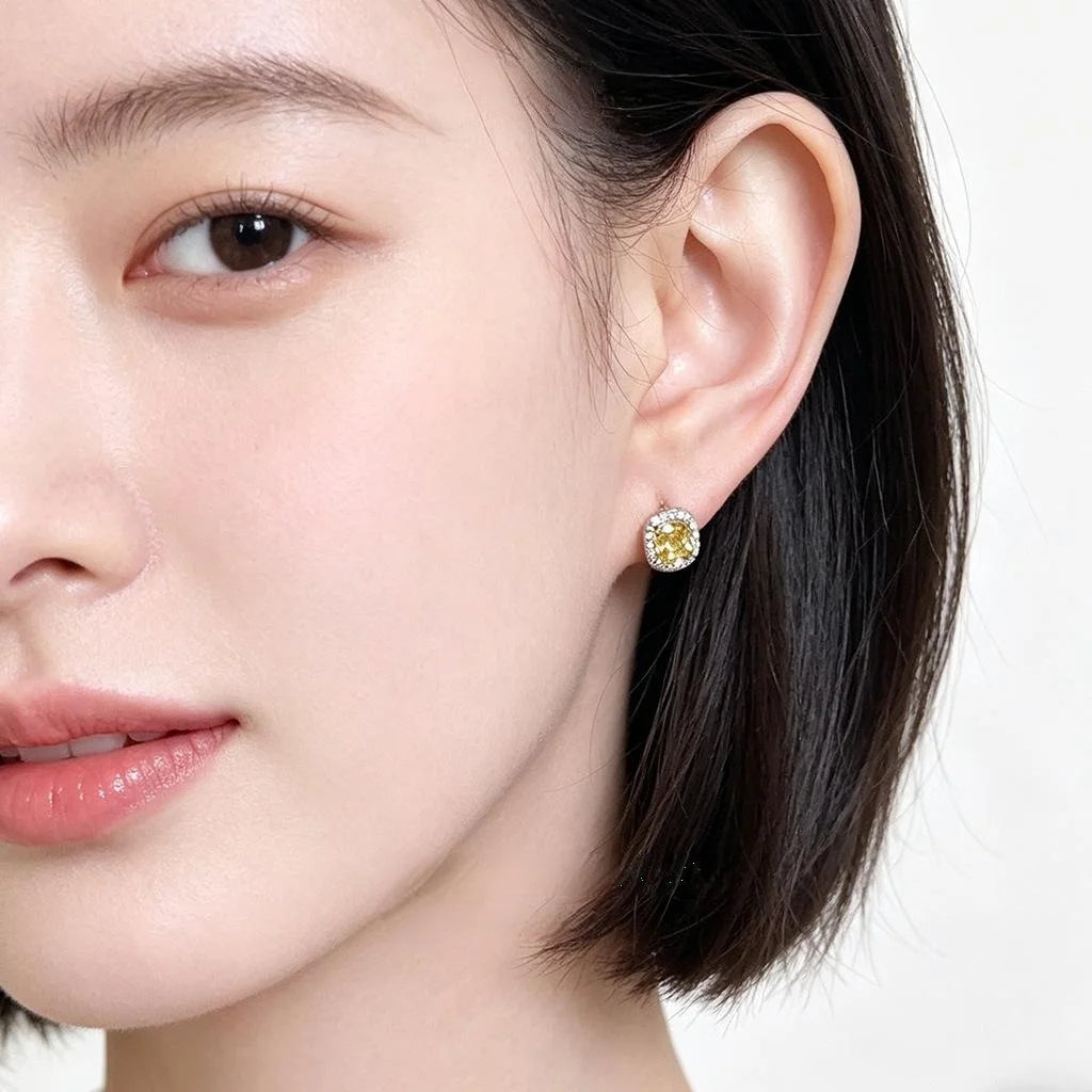 Minimalist Light Luxury Geometric Sugar Cube Yellow Zircon Crystal Copper Stud Earrings
