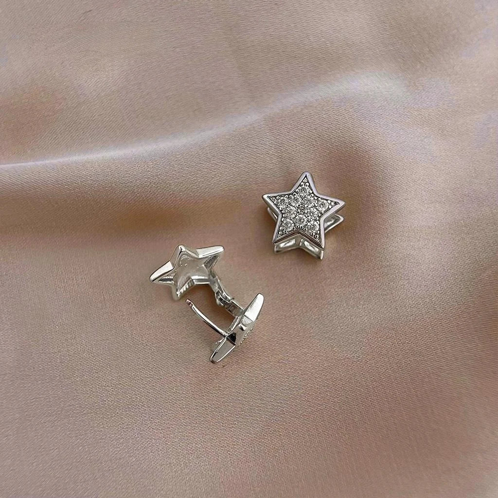 Silver Tone Copper Five Point Star Stud Earrings With Micro Pave Zircon Minimalist Cool Style