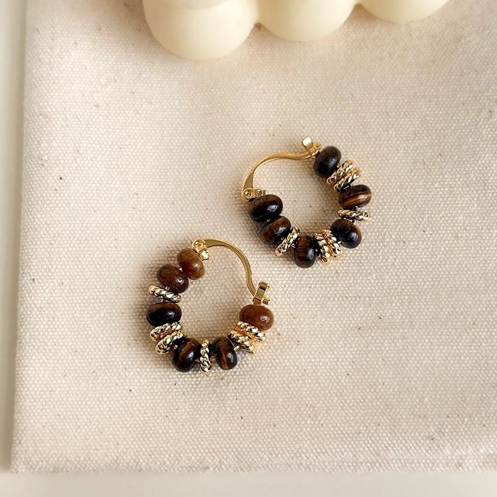 14K Plated Copper Tiger Eye Round Geometric French Vintage Maillard Drop Earrings