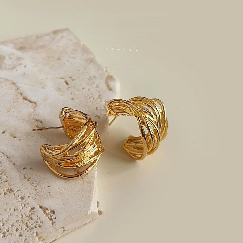14K Electroplated Copper Geometric Line Drop Earrings European American Fashion Jewelry
