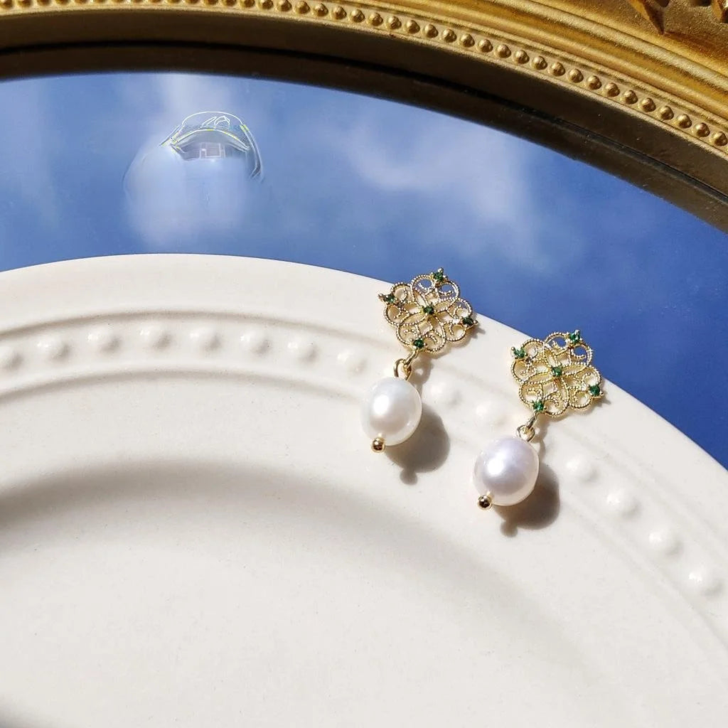 14K Gold Plated Lace Hollow Freshwater Pearl Zircon Stud Earrings French Elegant Jewelry