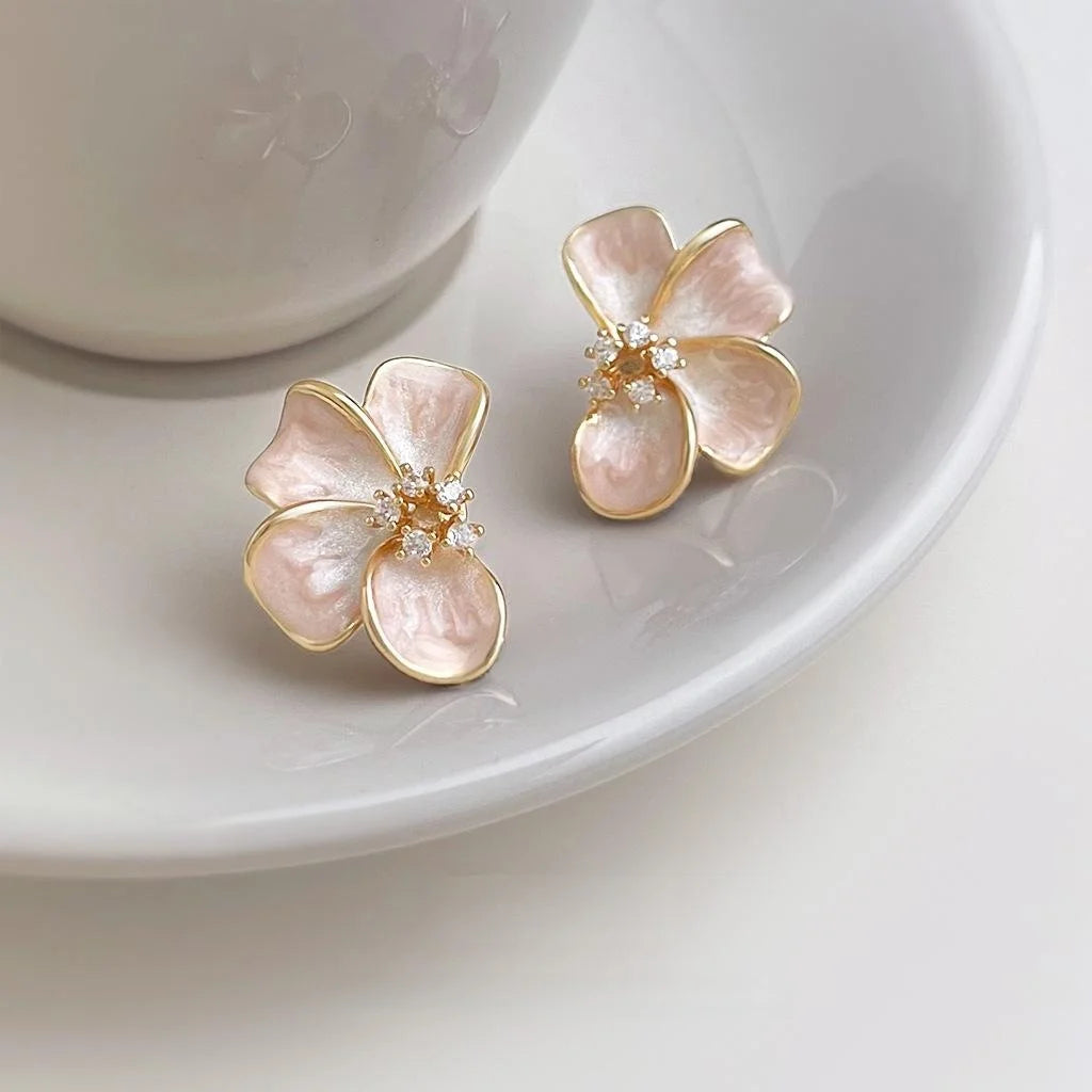 Fairy Style Gradient Enamel Flower Stud Earrings With Zircon, Copper