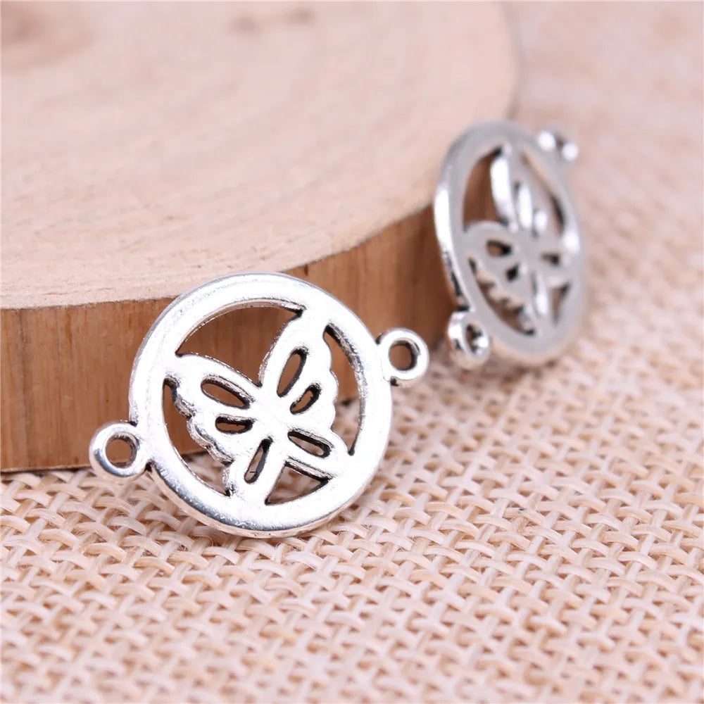 20x14mm 0.9g Antique Silver Zinc Alloy Round Butterfly Connector Charm Pendant for DIY Jewelry Making