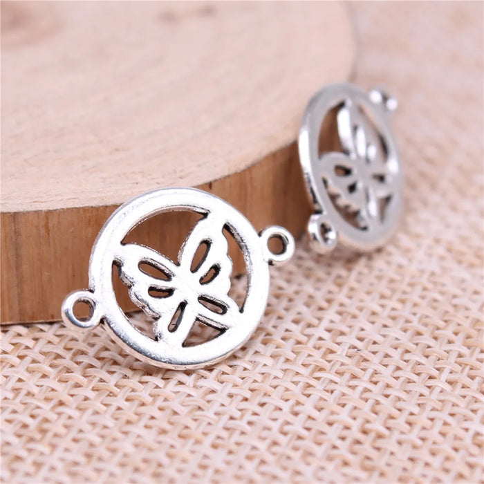 20x14mm 0.9g Antique Silver Zinc Alloy Round Butterfly Connector Charm Pendant for DIY Jewelry Making