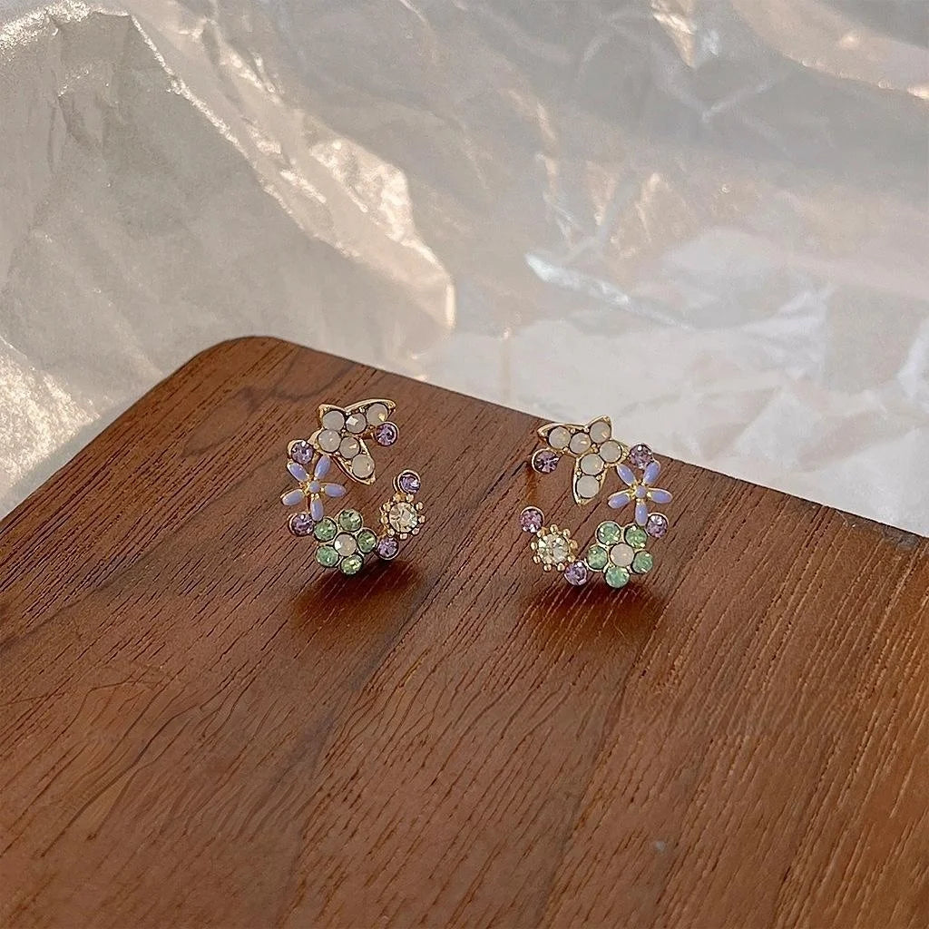 Forest Style Copper 14K Plated Rhinestone Butterfly Flower Wreath Stud Earrings