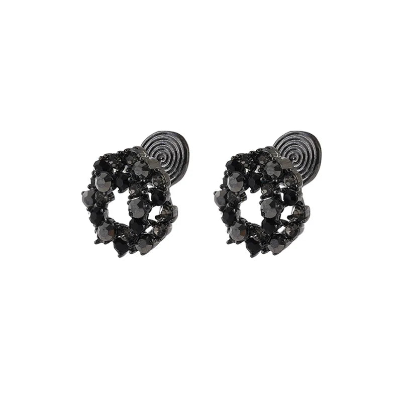 Vintage Black Rhinestone Round Wreath Stud & Clip On No Piercing Alloy Circle Hoop Earrings