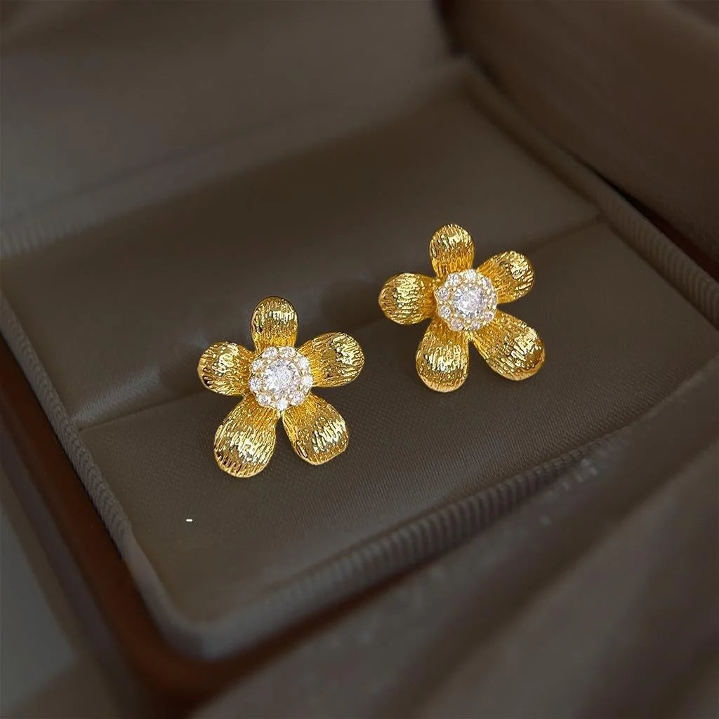 14K Plated Copper Micro Pave Zircon Flower Stud Earrings Sweet Elegant Floral Jewelry