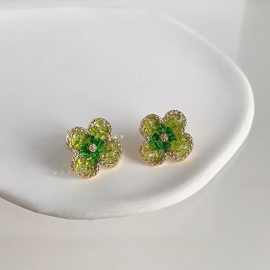 Sweet Forest Green Glass Crystal Flower Petal Stud Earrings, 14K Gold Plated Summer Jewelry