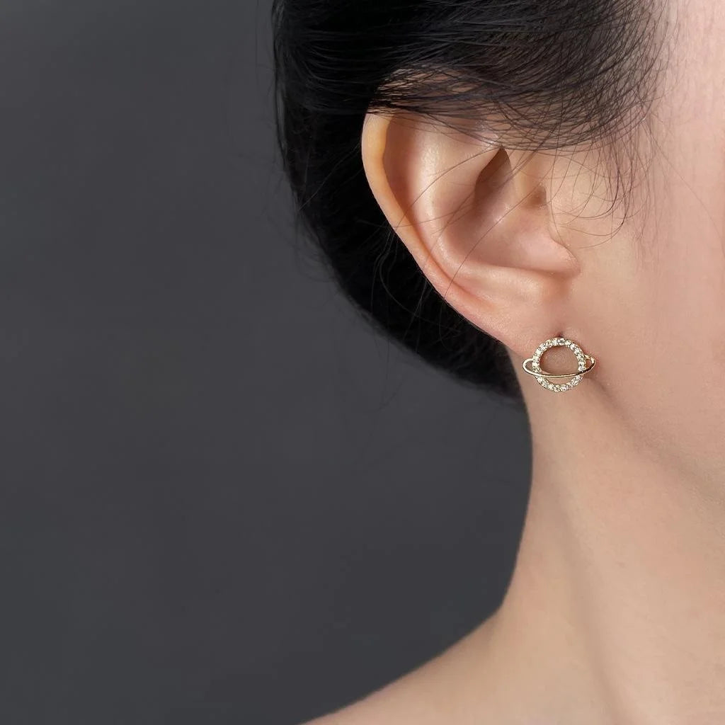 14K Plated Copper Micro Pave Zircon Hollow Planet Stud Earrings