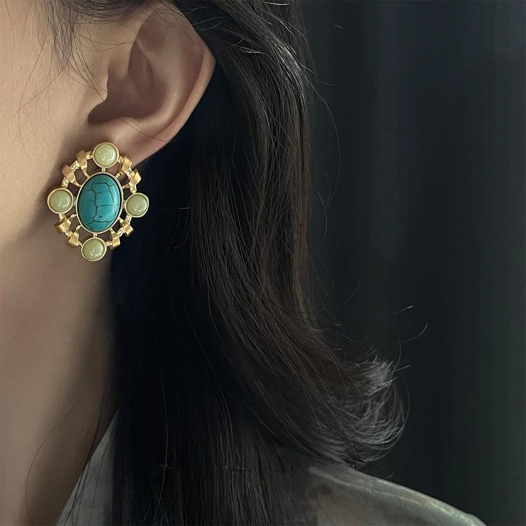 Vintage Synthetic Turquoise Resin Oval Hollow Geometric Drop Earrings