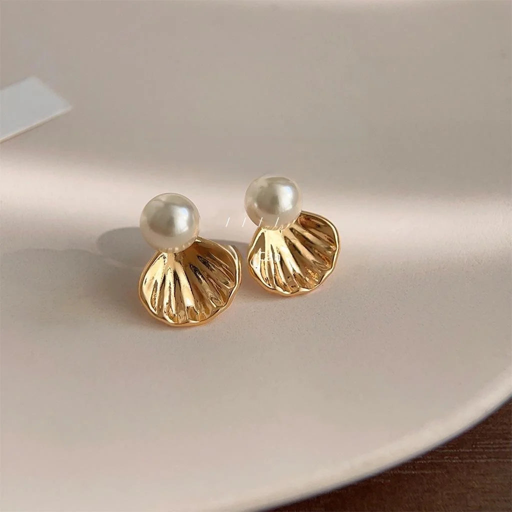 14K Gold Plated Copper Glass Pearl Scallop Shell Stud Earrings Elegant Luxury Jewelry