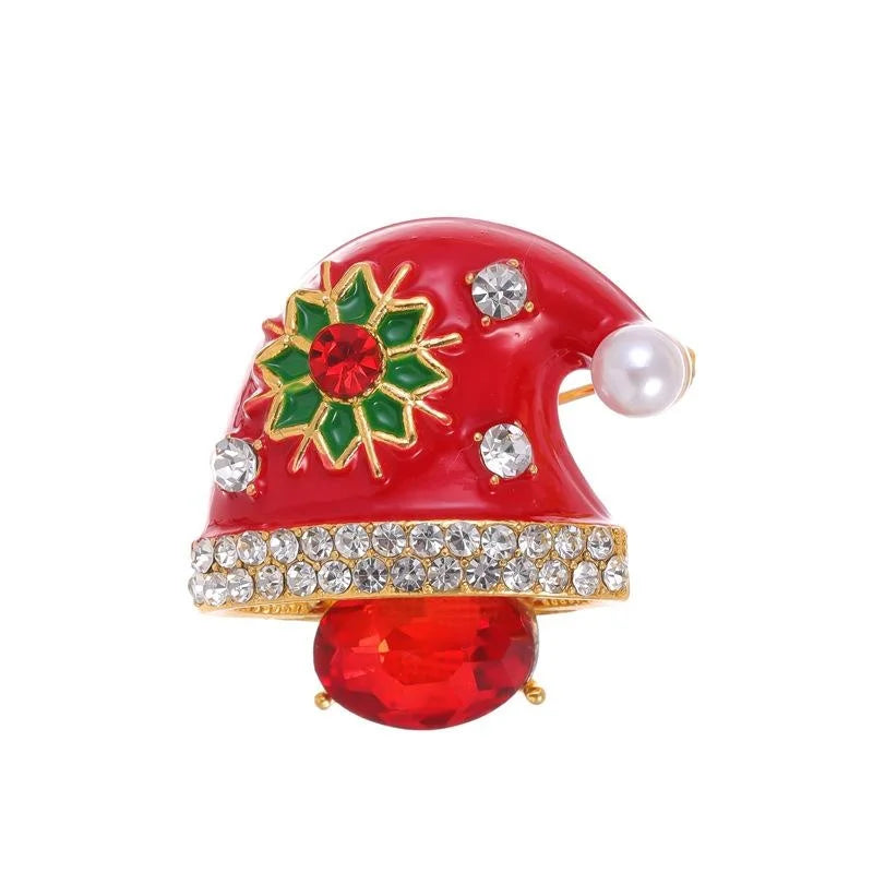 Elegant Enamel Santa Hat Brooch With Rhinestone Flower And Pearl Trim, Christmas Lapel Pin Gift