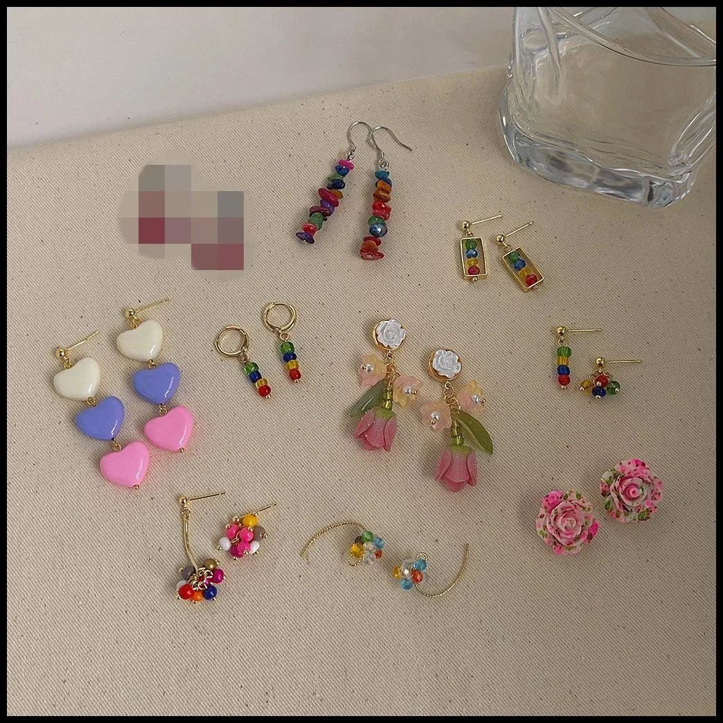 Colorful Dopamine Sweet Summer Copper Heart Tassel Stud Earrings With Silver Plated Pins