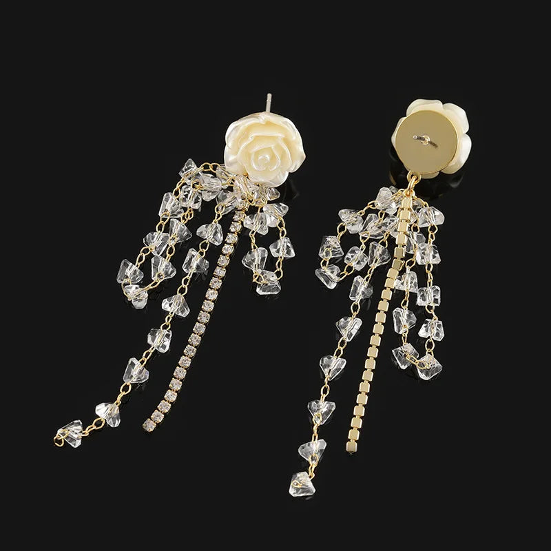 Elegant Camellia Flower Crystal Rhinestone Long Tassel Stud & Clip On No Piercing Earrings