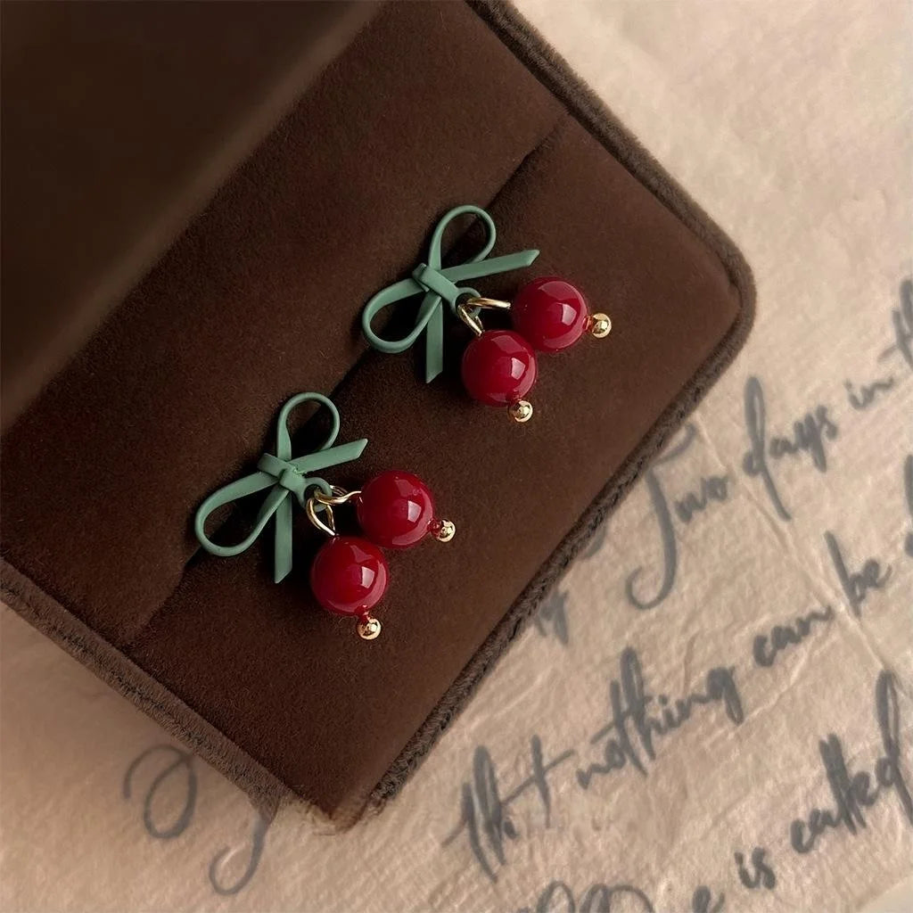 Sweet Handmade Glass Cherry Bell Drop Earrings Christmas Fruit Jewelry