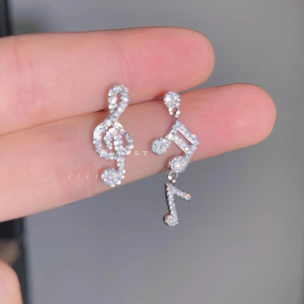 Asymmetric Music Note Micro Pave Zircon Copper Stud Earrings Silver Plated Sweet Cool Jewelry
