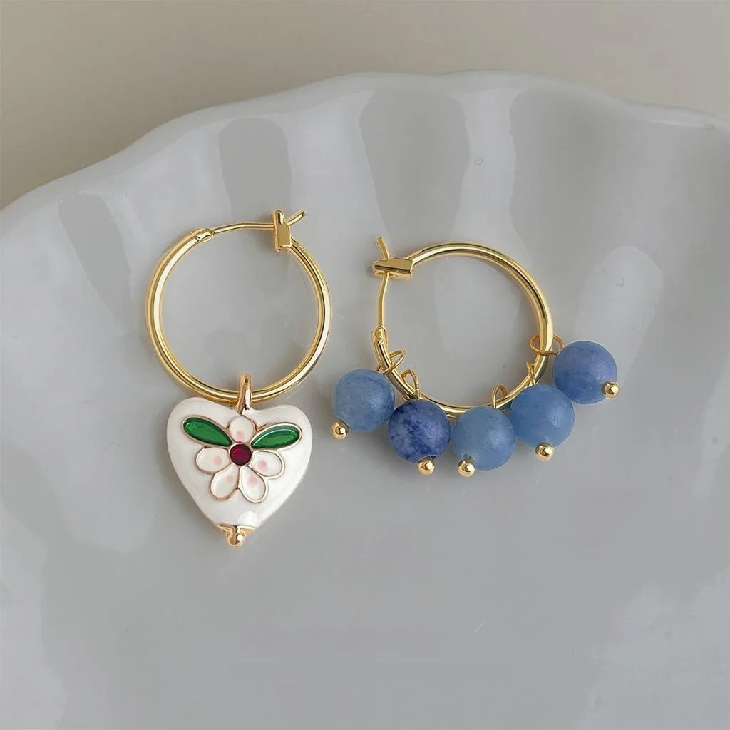 Vintage Asymmetric Heart Stud Earrings 14K Plated Copper Enamel Cloisonne Style Jewelry