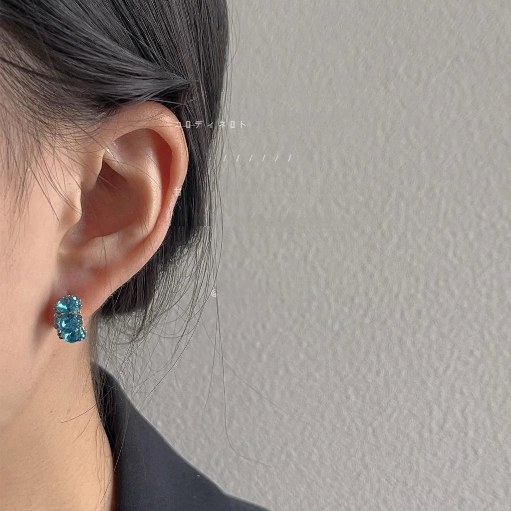 Sweet Cool Semi Curved Green Glass Rhinestone 14K Plated Copper Oval Stud Earrings For Women