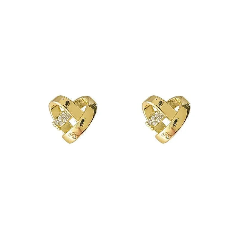 French Vintage Micro Pave Zircon Braided Heart Copper Stud Earrings With Silver Plated Pins