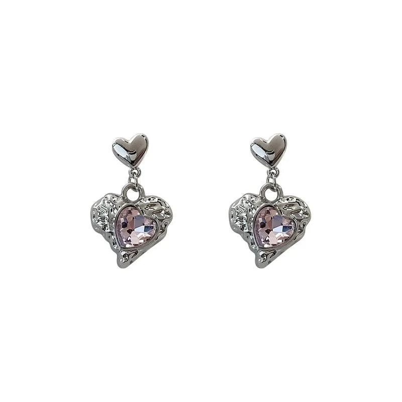Sweet Cool Heart Stud Earrings Copper Silver Plated Pin Trendy Style Jewelry