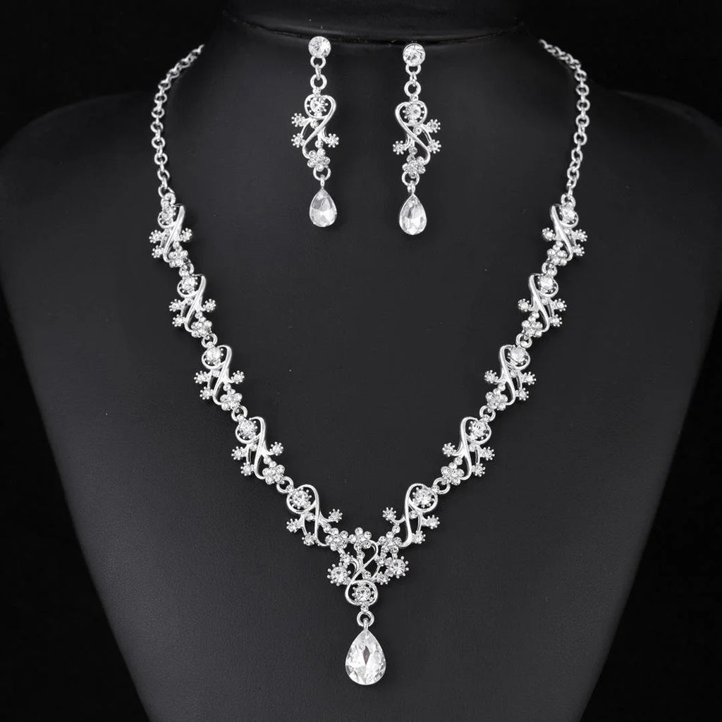 Elegant Bridal Rhinestone Crystal Teardrop Necklace And Earrings Jewelry Set For Wedding Banquet Party Gift