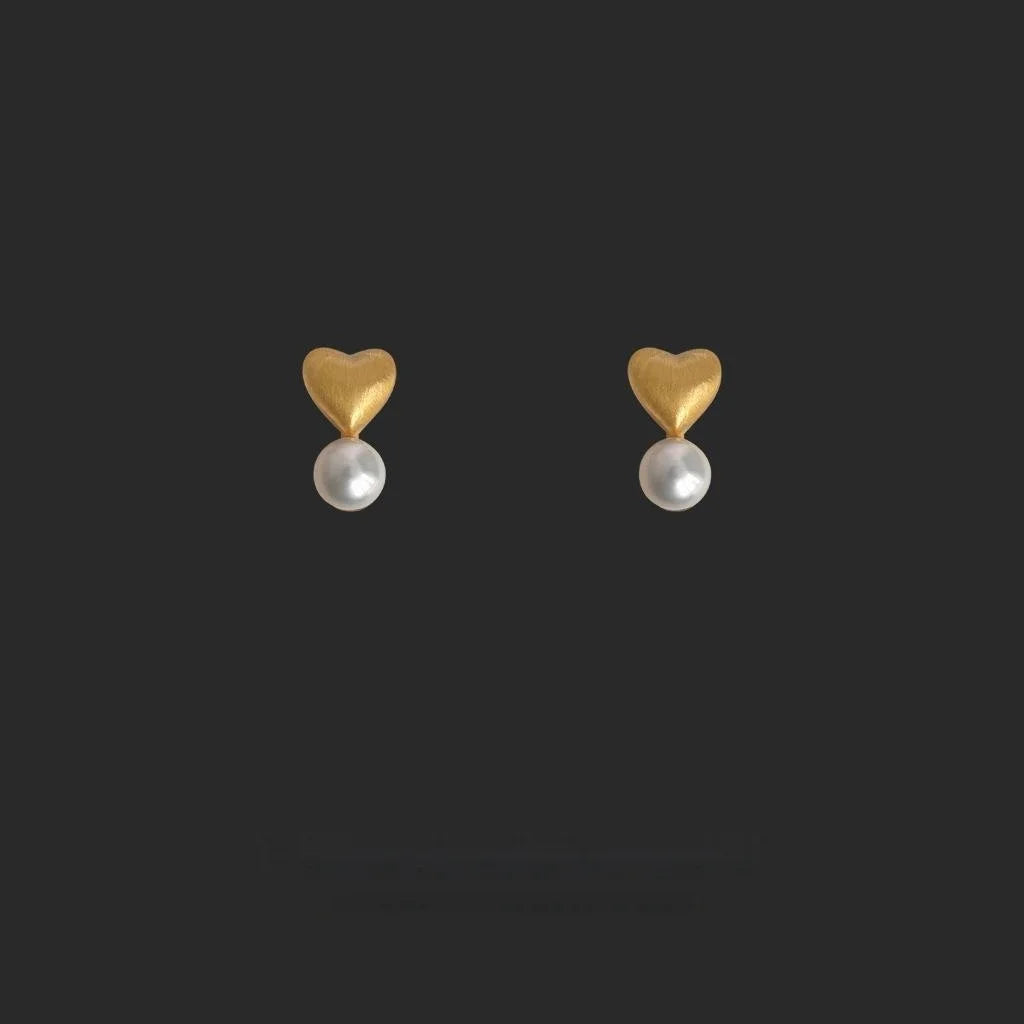 14K Plated Copper Freshwater Pearl Heart Stud Earrings Brushed Matte Light Luxury Jewelry