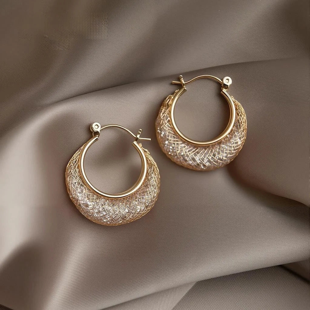 Light Luxury Copper Mesh Zircon Geometric Round Hoop Earrings For Women